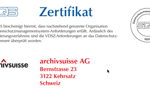 Ausschnitt Zertifikat SQS Datenschutzmanagement